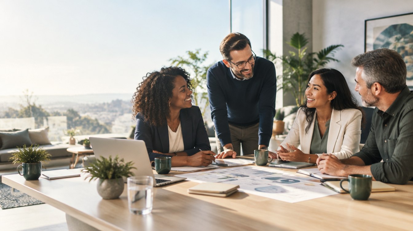 A small team reviewing priorities together around a table