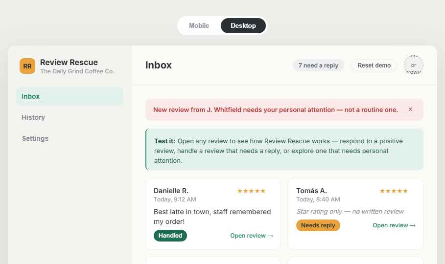Reply Clarity dashboard showing an inbox of customer reviews